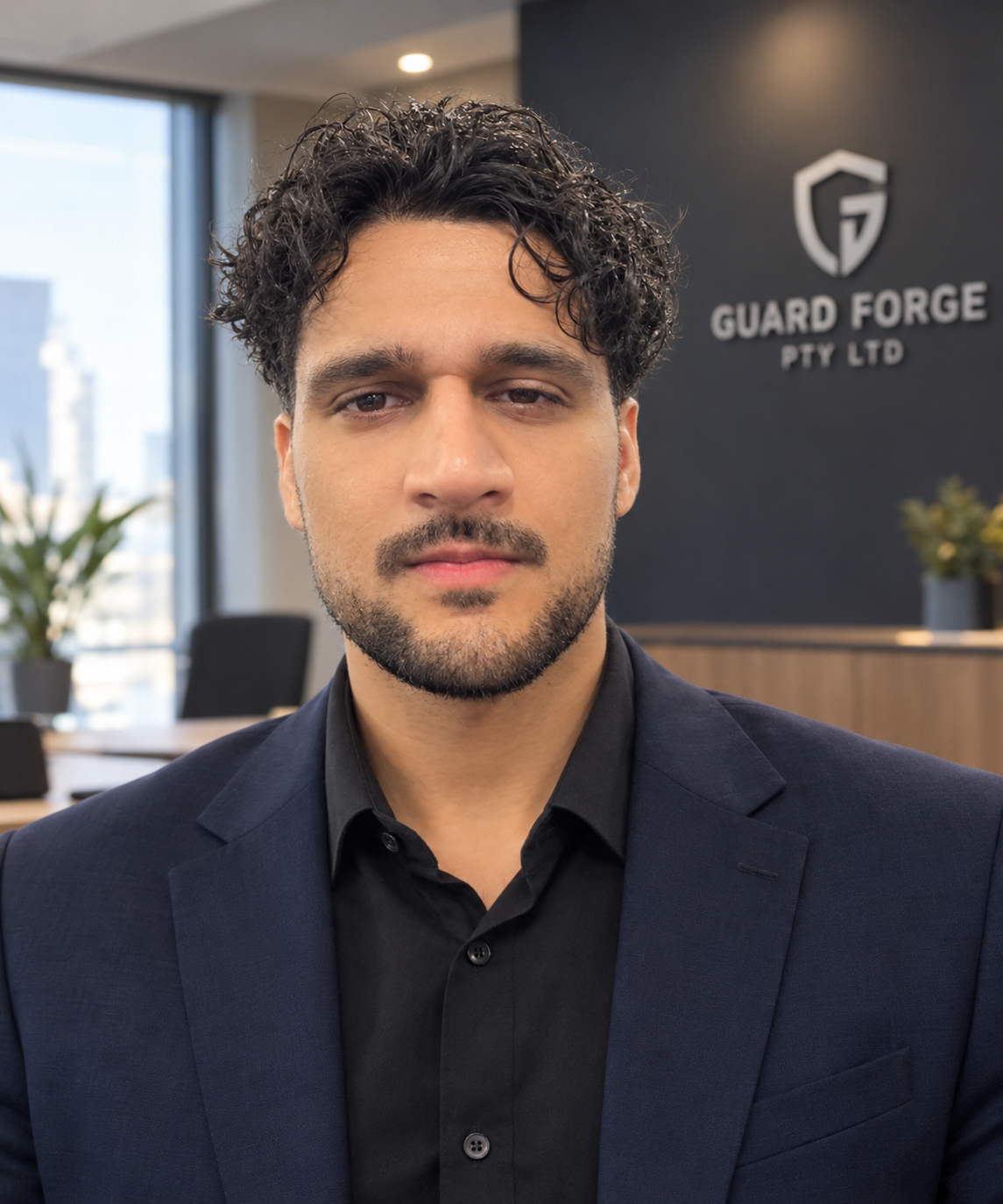 Waleed Abbasi, Managing Director of Guard Forge, in a corporate office portrait
